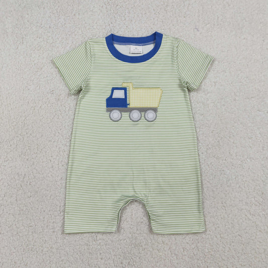SR3893 Newborn Embroidery Tractors Baby Boy Short Sleeve Green Stripe Rompers