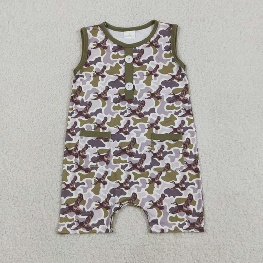 SR3946 Newborn Baby Boys Southern Camo Ducks Button Pockets Hunting Rompers