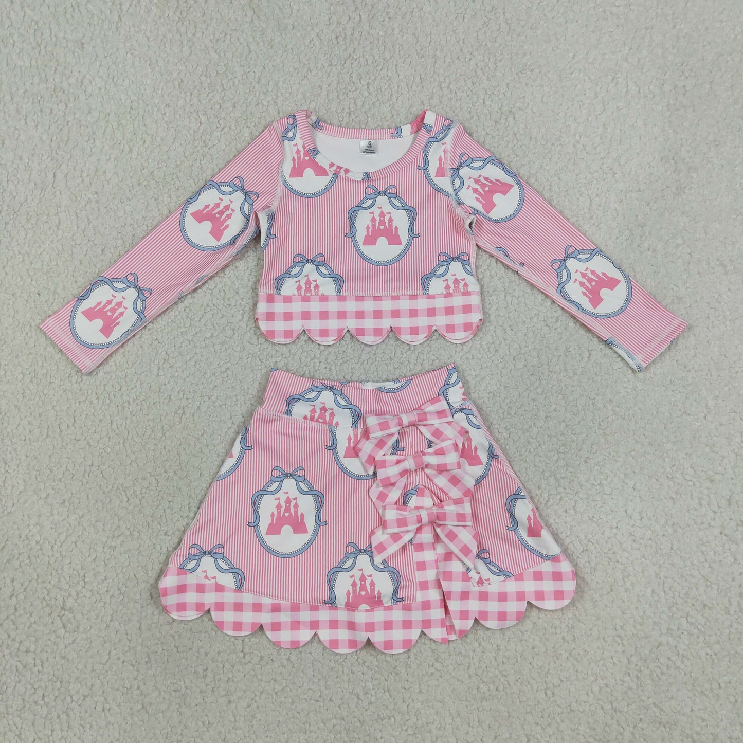 GLD1601 Kids Clothing Baby Girls Pink Bows Castles Top Bows Short Skirt Yoga Active Scallop Clothes Sets