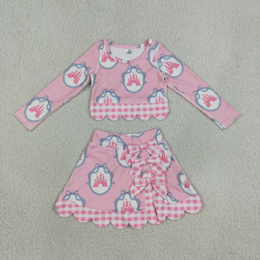 GLD1601 Kids Clothing Baby Girls Pink Bows Castles Top Bows Short Skirt Yoga Active Scallop Clothes Sets