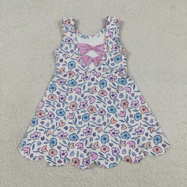 GSD3808 Kids Baby Girls Colorful Flowers Back Bows Yoga Active Short Scallop Knee Length Dress