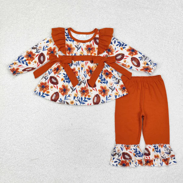 GLP1607 Baby Girls Fall Football Flowers Tunic Ruffle Pants Clothes Set