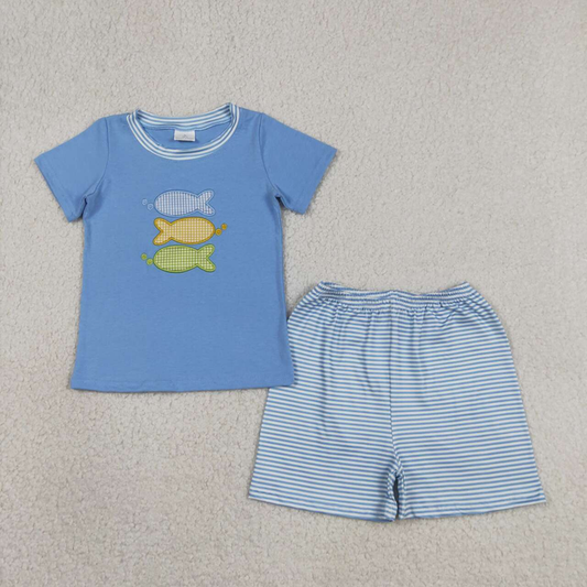 BSSO1905 Kids Embroidery Fishes Baby Boys Top Stripe Shorts Hunting Clothes Sets