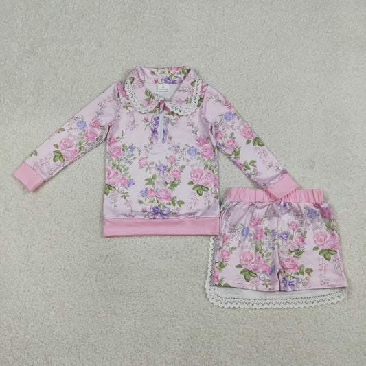 RTS NO MOQ（In Stock) GLD1572 Pink Zipper Long-Sleeve Midi Skirt Set with Floral and Leaf Peter Pan Collar