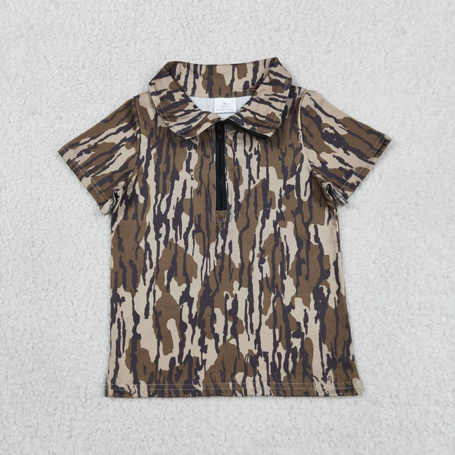 BT1726 Kids Baby Boys Short Sleeve Southern Olive Camo Zipper Pullovers Top