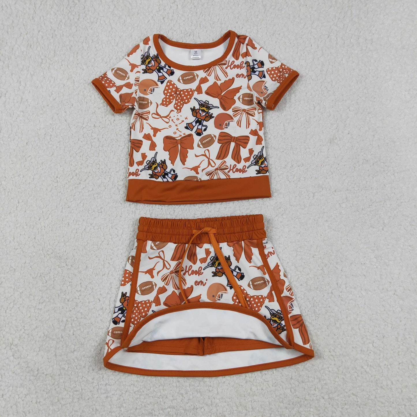 GSD3697 Kids Baby Girls Bow Football Bull Skulls Top Skirt Short Team Yoga Active Clothes Sets