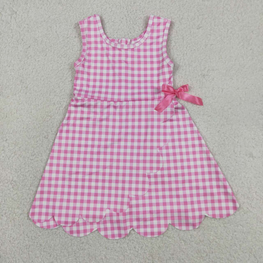GSD3779 Kids Baby Girls Pink Checked Yoga Active Shorts Scallop Knee Length Dresses