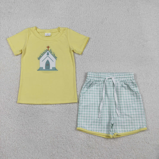RTS NO MOQ(In Stock) BSSO1740 Embroidered Cross Yellow Short-Sleeved Top and Green Plaid Shorts Set