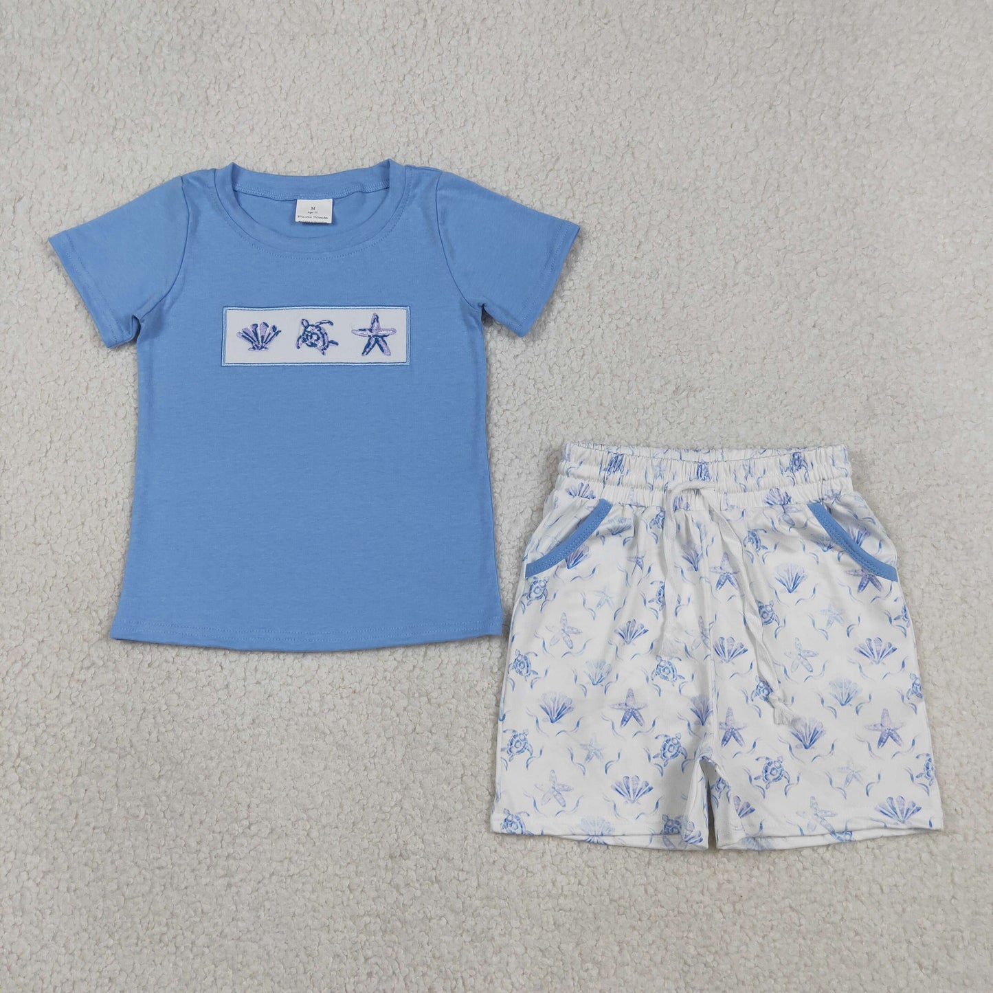 BSSO1979 Kids Embroidery Shell Starfishes Baby Boys Shirt Top Pockets Short Clothes Sets