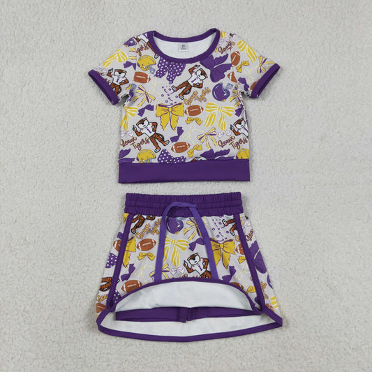 GSD3695 Kids Baby Girls Bow Football LSU Tigers Top Skirt Short Team Yoga Active Clothes Sets