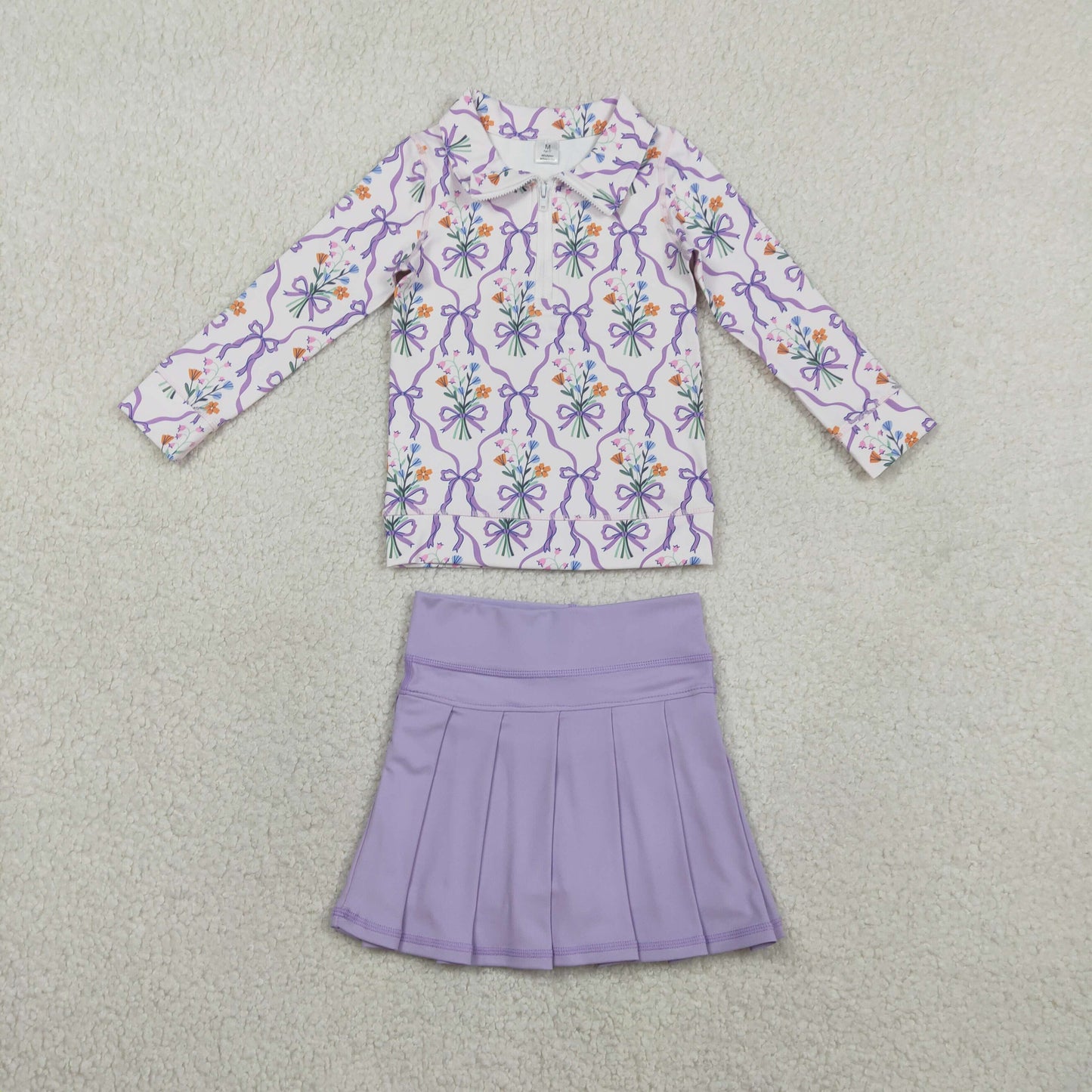 GT1371GLK0085 Kids Baby Girl Bow Flowers Zipper Pullover Skirt Short Yoga Active Clothes Sets