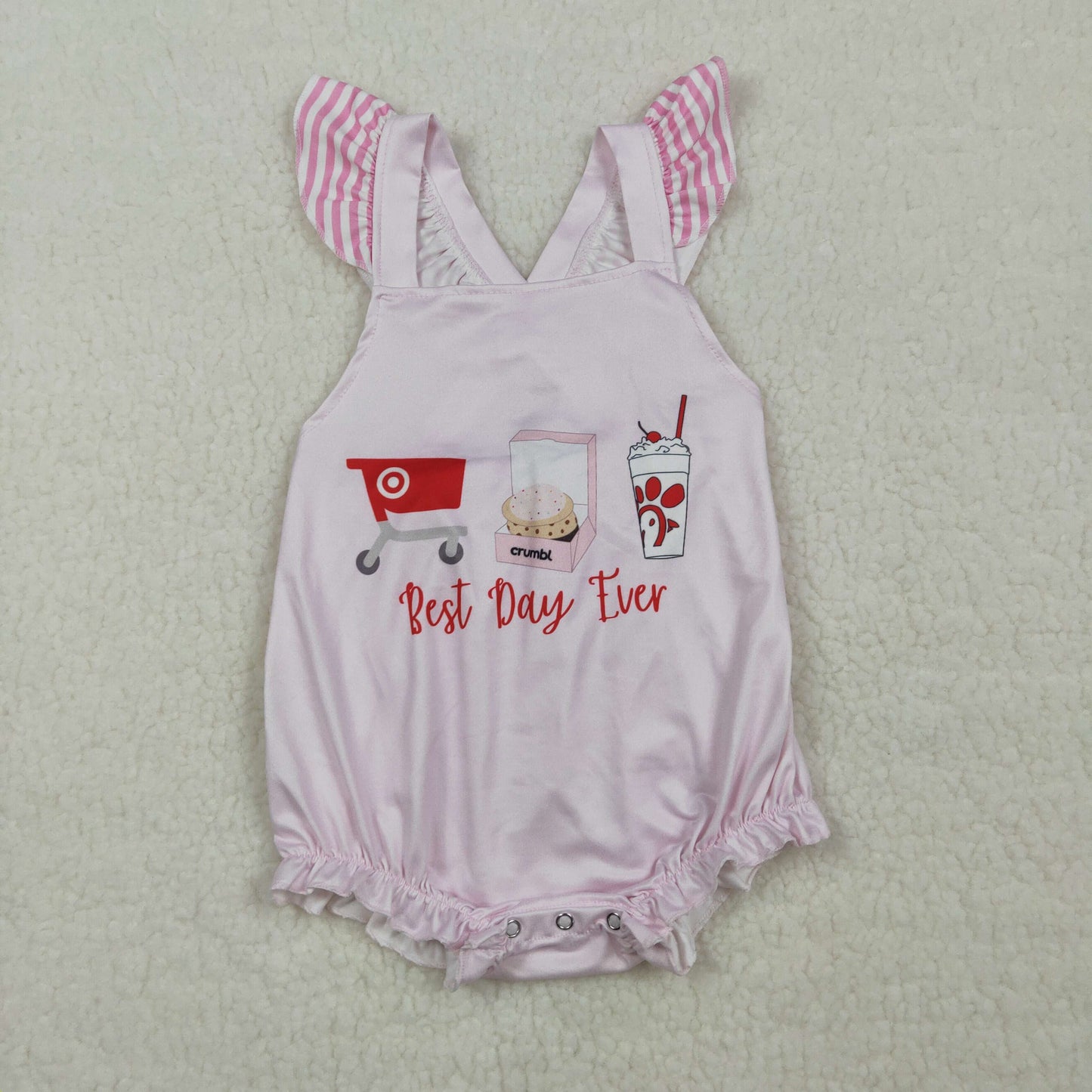SR3780 Newborn Baby Girls Pink Flutter Sleeve Chicken Best Day Ever Ruffle Rompers