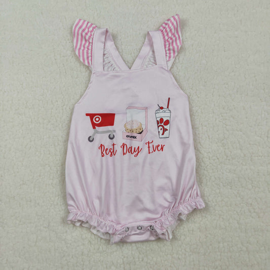 SR3780 Newborn Baby Girls Pink Flutter Sleeve Chicken Best Day Ever Ruffle Rompers