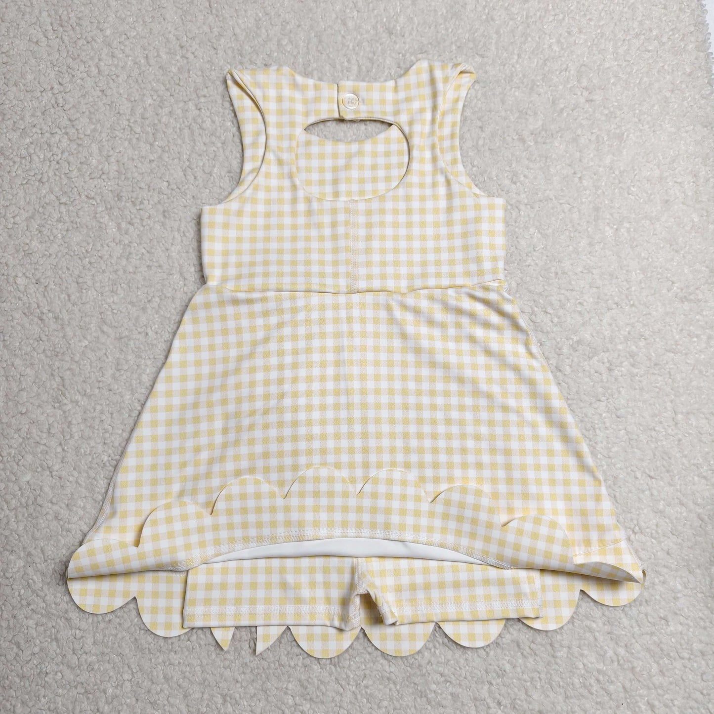 GSD3027 Kids Baby Girls Sleeveless Yellow Checked Yoga Shorts Short Scallop Knee Length Dresses