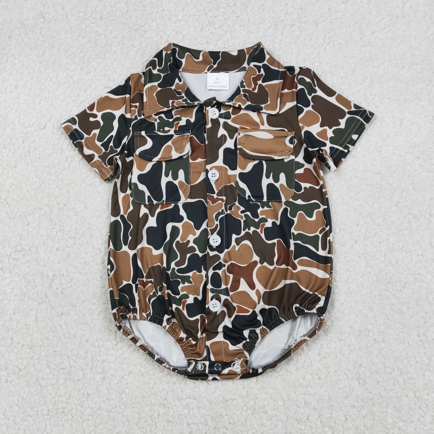 RTS NO MOQ（In Stock) Brown-Green Camouflage Beige Pocket Button-Up Short-Sleeve Jumpsuit
