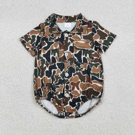 RTS NO MOQ（In Stock) Brown-Green Camouflage Beige Pocket Button-Up Short-Sleeve Jumpsuit