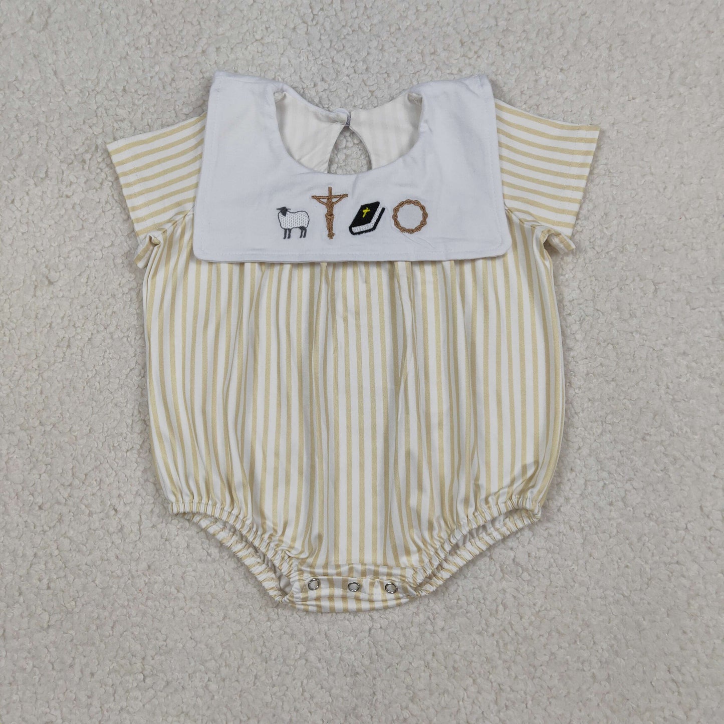 SR3802 Newborn Embroidery Cross Sheep Baby Boy Sleeveless Yellow Stripe Romper