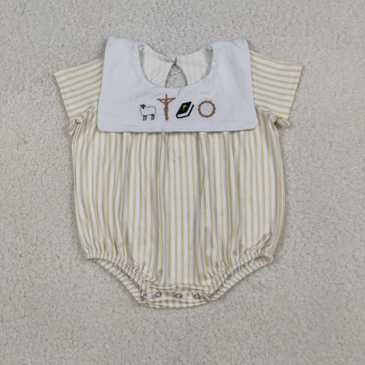 SR3802 Newborn Embroidery Cross Sheep Baby Boy Sleeveless Yellow Stripe Romper