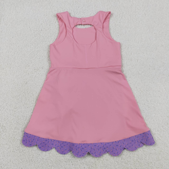 GSD3028 Kids Baby Girls Pink Purple Sleeveless Yoga Active Scallop Bows Shorts Knee Length Dresses