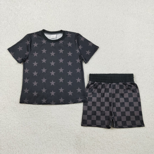 GSSO2913 Kids Baby Girl Short Sleeve Stars Top Checked Shorts 4th of July Clothes Sets