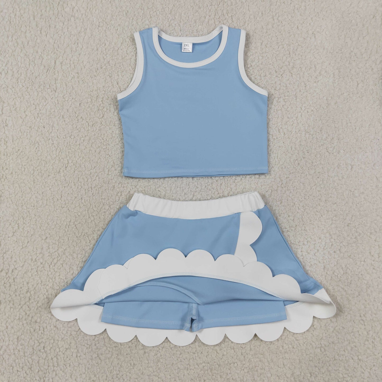 GSD4084 Kids Baby Girls Light Blue Crop Scallop Skirt Short Yoga Active Clothes Sets