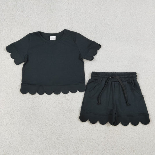 GSSO3172 Kids Baby Girl Black Short Sleeve Shirts Top Shorts Scallop Clothes Sets