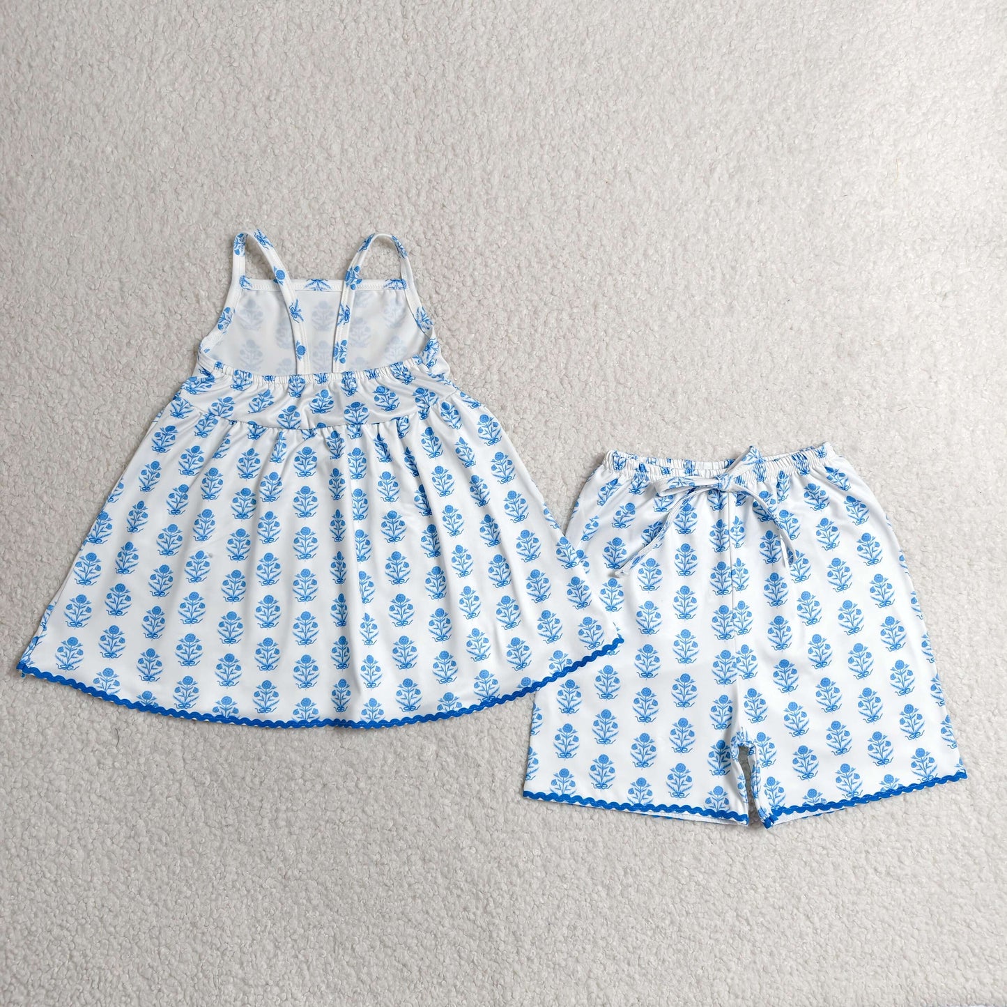 GSSO3416 Kids Baby Girls Strap Blue Flowers Plaid Tunic Short Clothes Sets