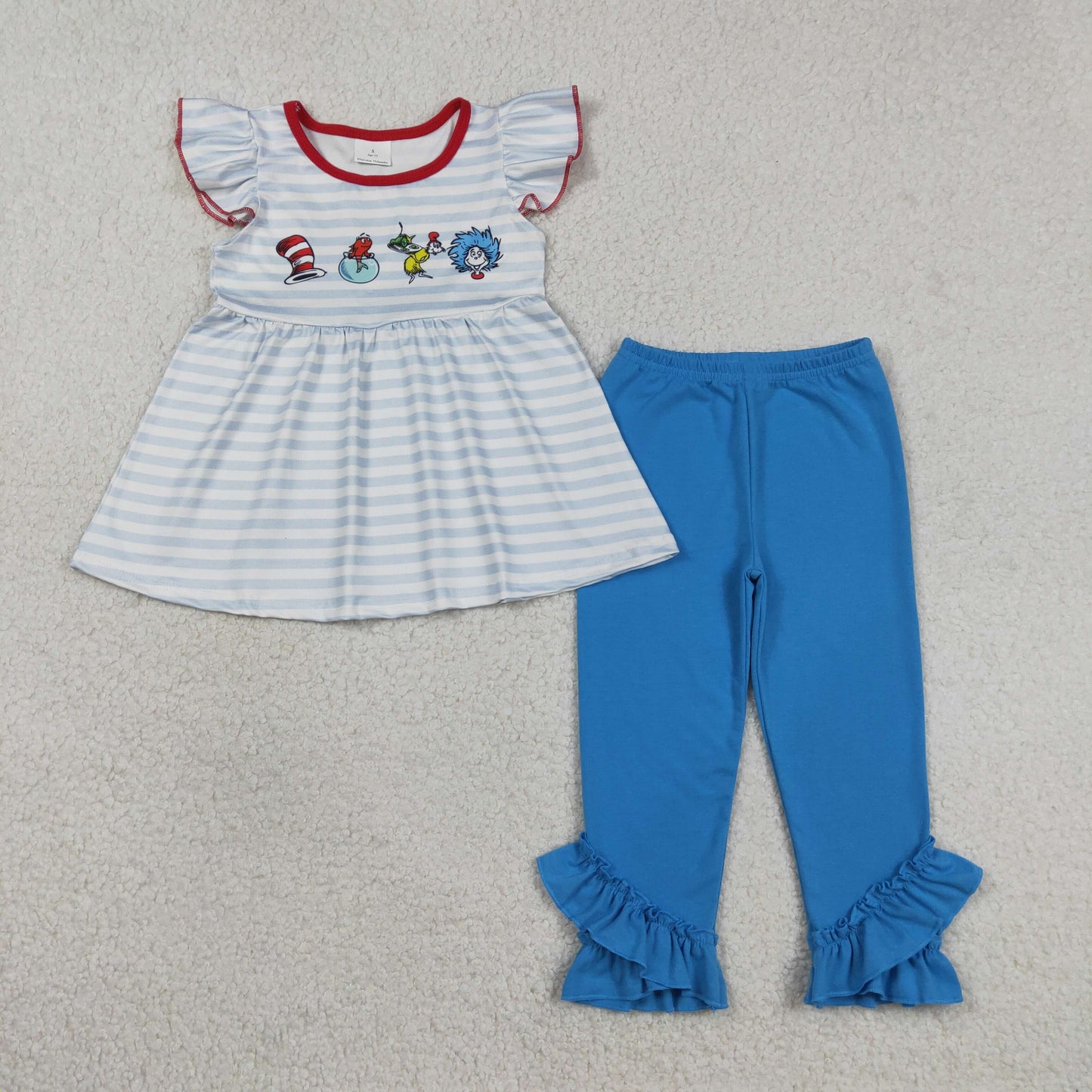 GSPO2136 Kids Baby Girl Blue Stripe Mr Reading Tunic Ruffle Pants Clothes Sets