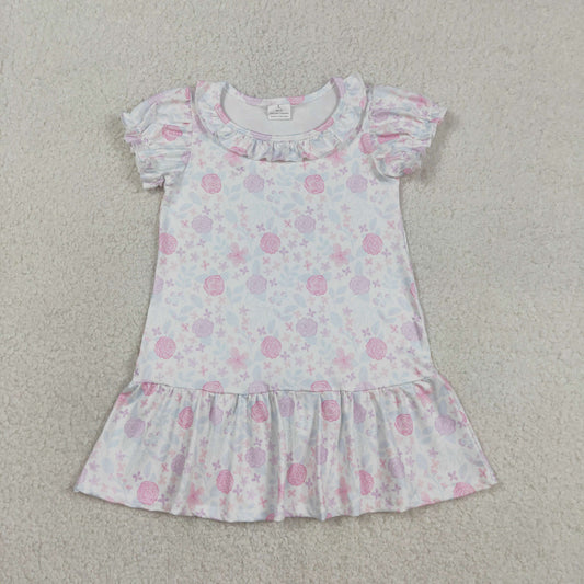 GSD3717 Kids Baby Girl Short Sleeve Pink Lavender Flowers Ruffle Knee Length Dresses