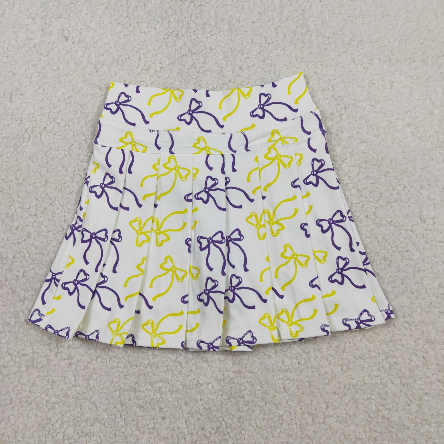 RTS NO MOQ（In Stock) GLK0212 Yellow-Purple Bow Pattern White Pleated Yoga Skirt
