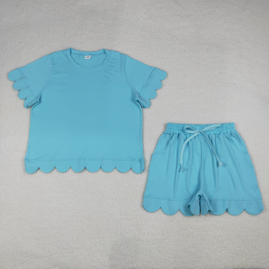 GSSO3208 Adult Women Blue Shorts Sleeve Shirts Top Short Scallop Clothes Sets
