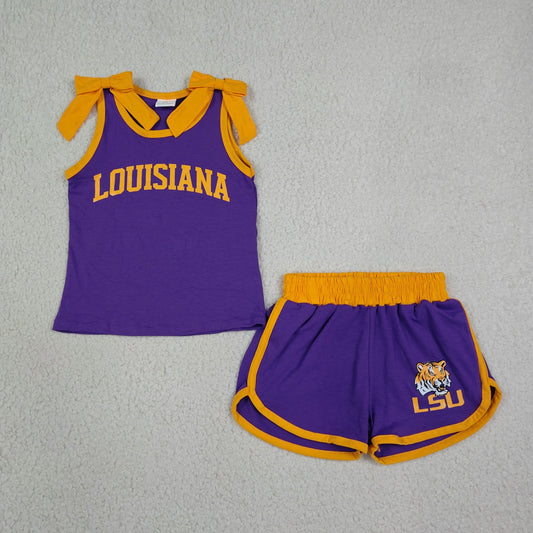 GSSO3832 Kids Clothing Baby Girls Orange Purple Bows Vinyl Louisiana Top Short Team Clothes Sets