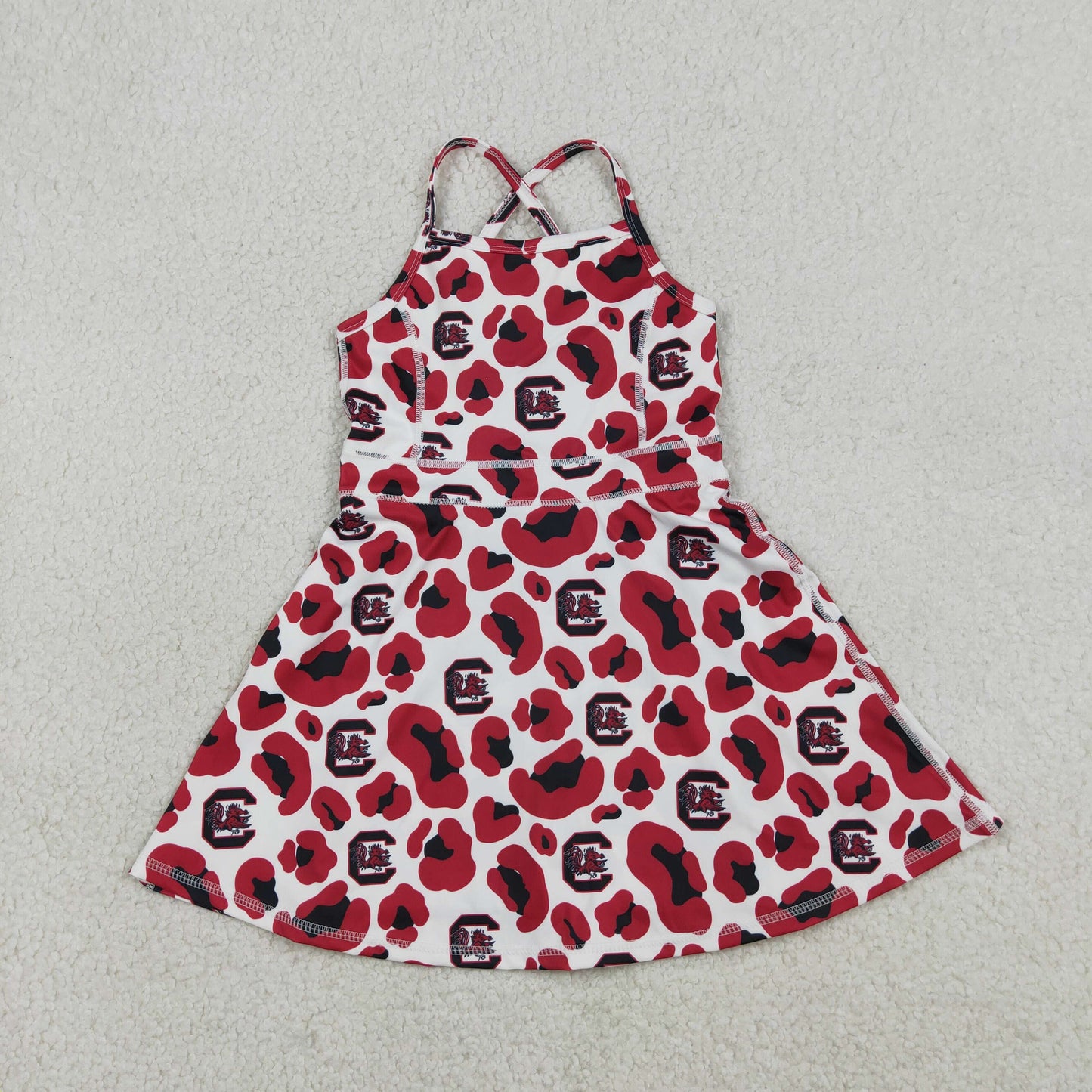 GSD3633 Kids Baby Girl Strap Red Leopard South Carolina Team Yoga Active Shorts Knee Length Dress