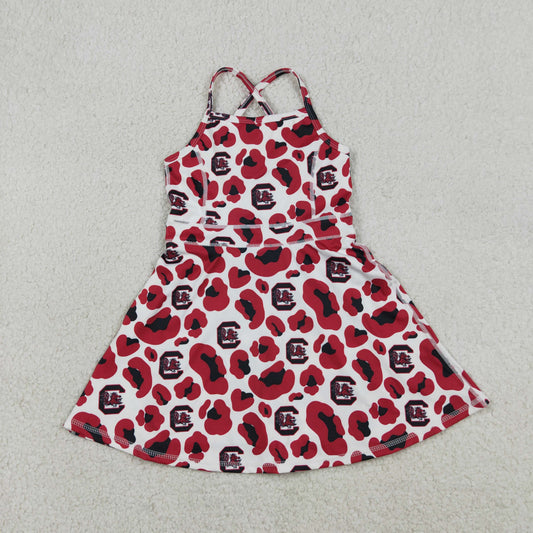 GSD3633 Kids Baby Girl Strap Red Leopard South Carolina Team Yoga Active Shorts Knee Length Dress