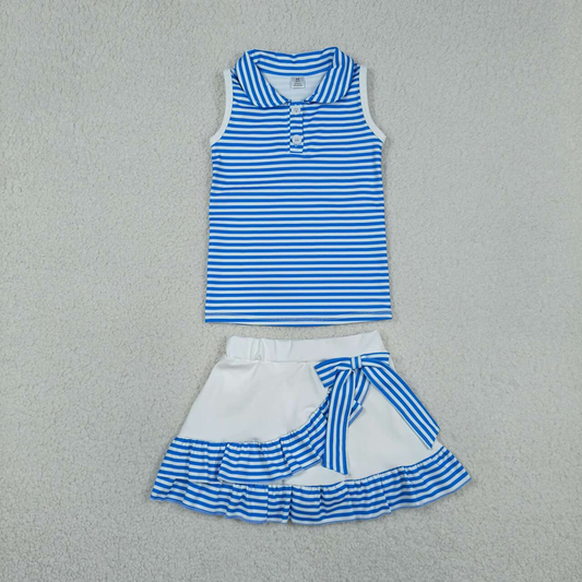 GSD3661 Kids Baby Girls Blue Stripe Button Top Ruffle Skirt Shorts Yoga Active Clothes Sets