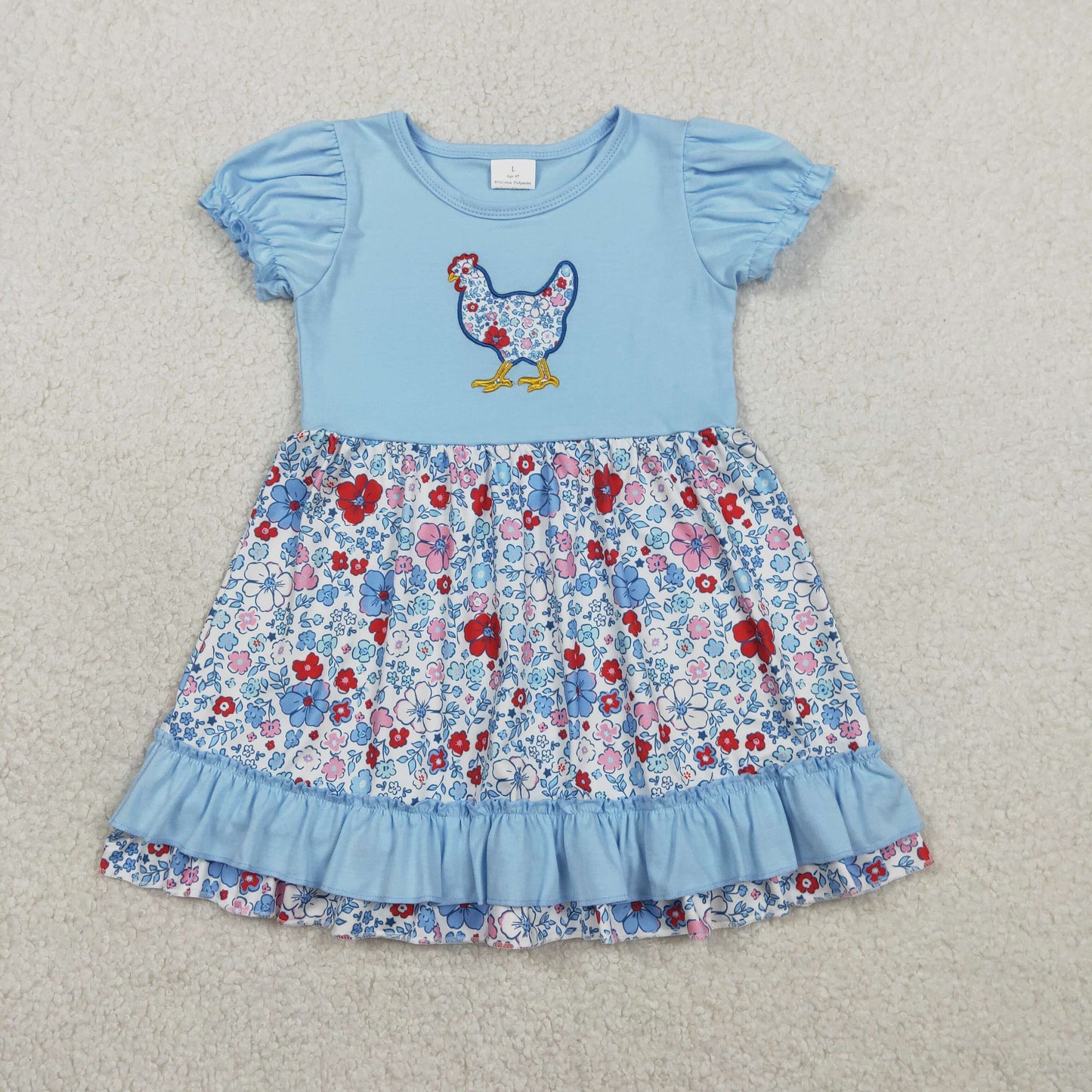GSD3418 Kids Baby Girl Embroidery Floral Chick Farm Ruffle Knee Length Dresses