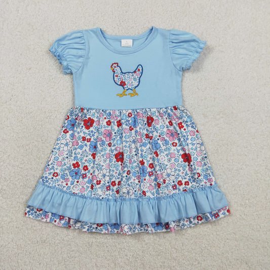 GSD3418 Kids Baby Girl Embroidery Floral Chick Farm Ruffle Knee Length Dresses