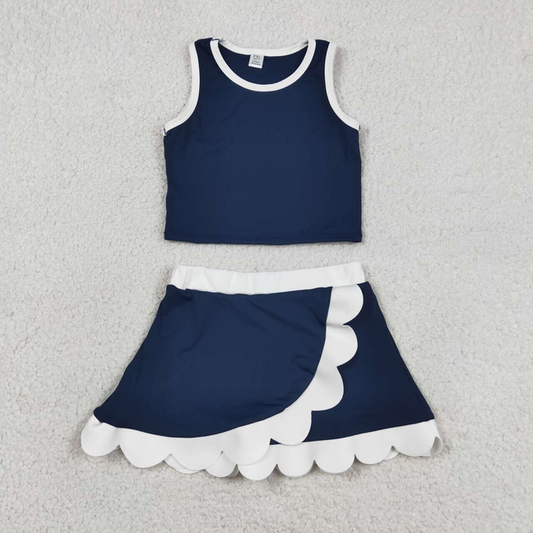 GSD4024 Kids Baby Girls Sleeveless Navy White Vest Scallop Skirt Short Yoga Active Clothes Set