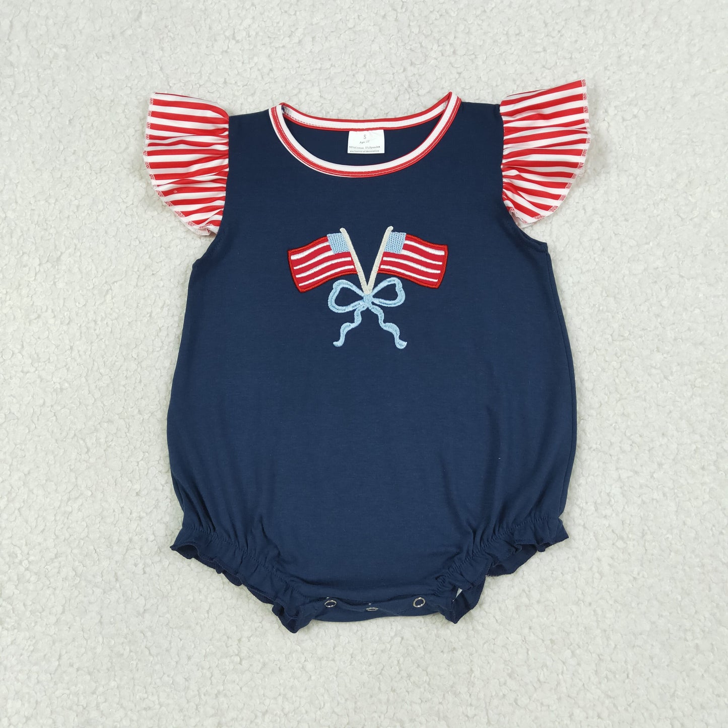 SR3903 Newborn Baby Girls Embroidery Bows Flags Flutter Sleeve 4th of July Ruffle Rompers