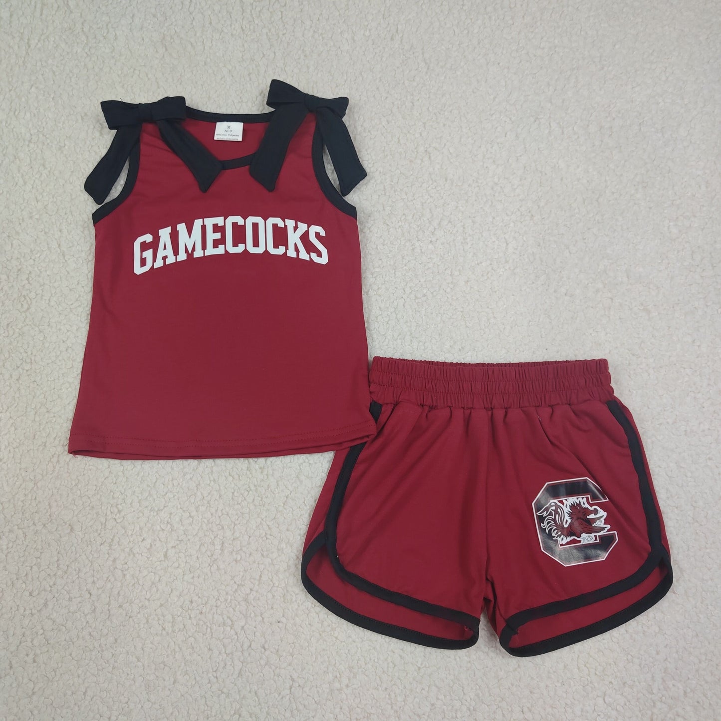 GSSO3835 Kids Clothing Baby Girls Black Bows Maroon Vinyl Gamecock Top Short Team Clothes Sets