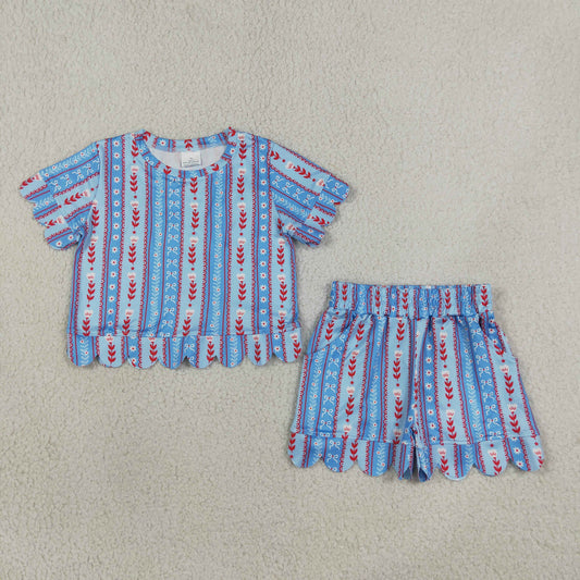 GSSO3554 Kids Clothing Baby Girls Bows Flowers Stripe Top Pockets Short Scallop Clothes Sets