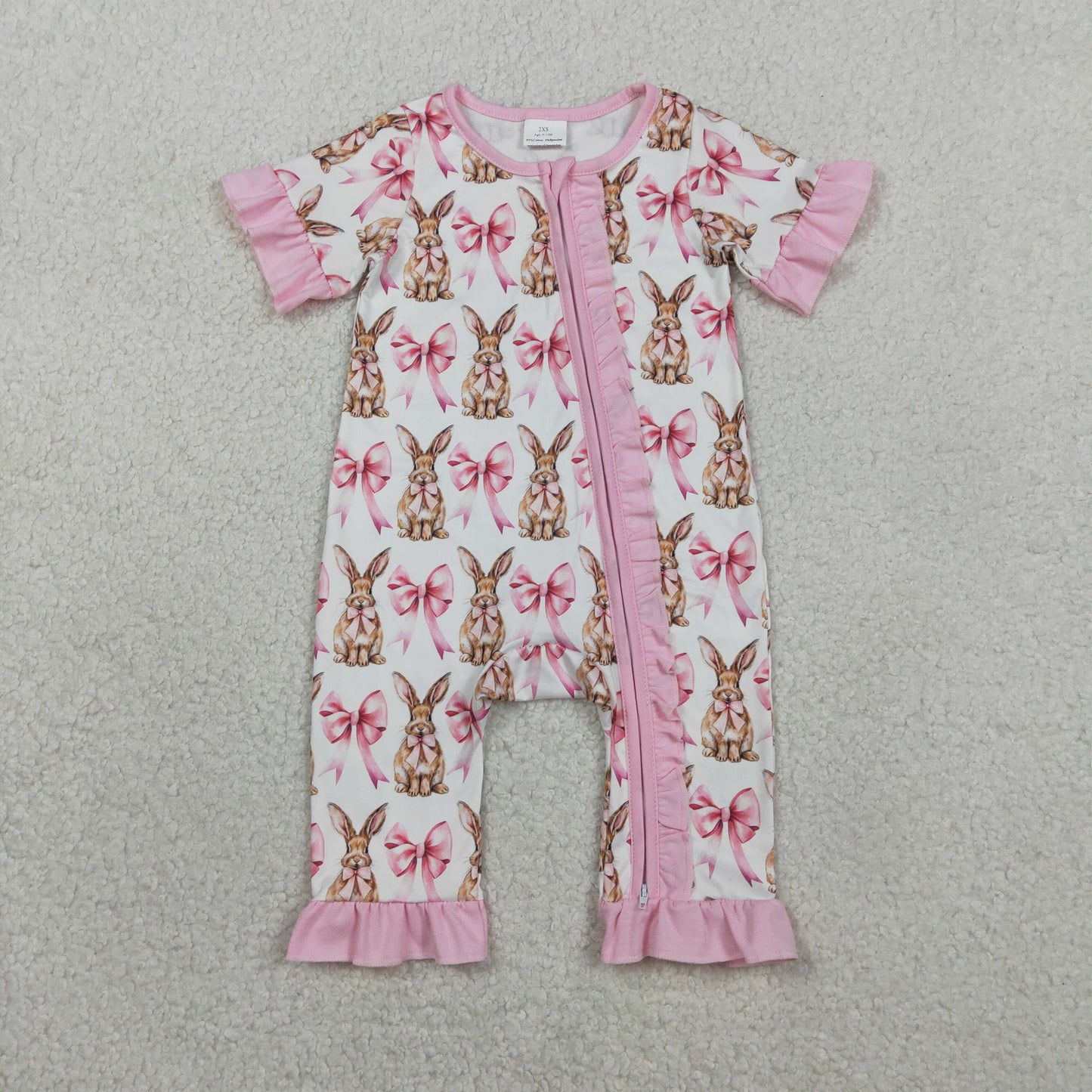 SR2020 Kids Baby Girl Short Sleeve Bows Rabbits Easter Ruffle Zipper Rompers