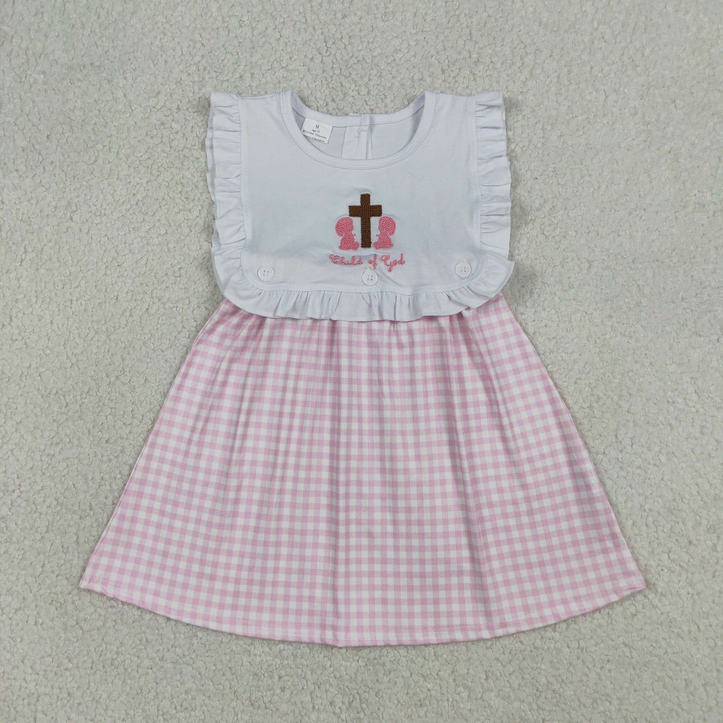 GSD3201 Kids Embroidery Cross Child of God Baby Girls Pink Checked Knee Length Dress