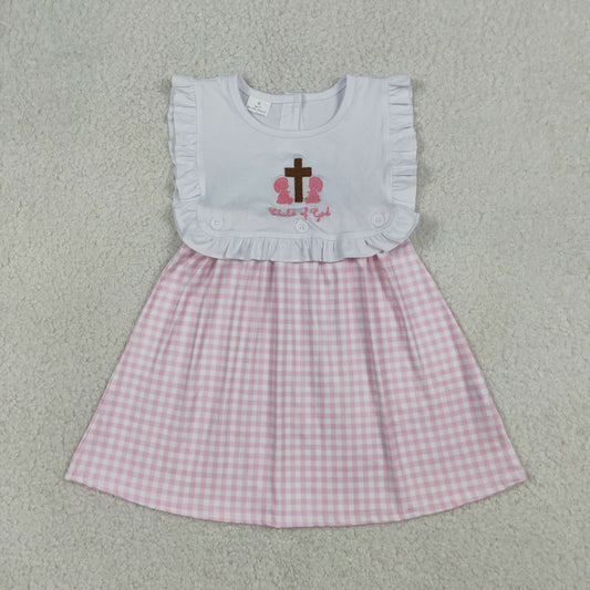 GSD3201 Kids Embroidery Cross Child of God Baby Girls Pink Checked Knee Length Dress