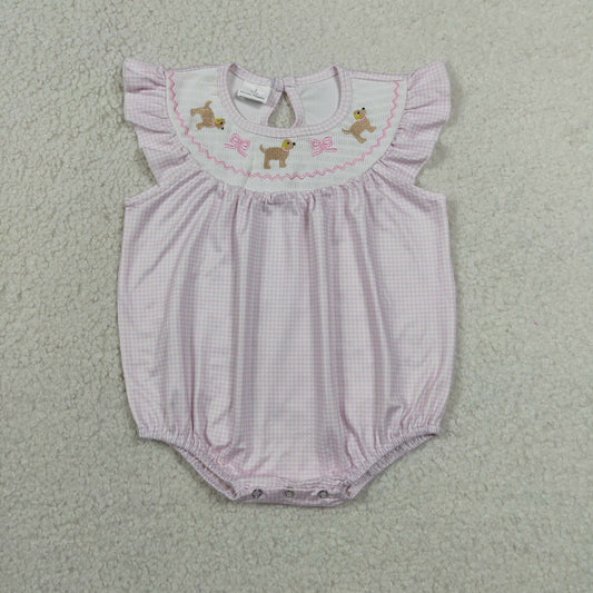 SR3316 Newborn Smocked Dogs Bows Baby Girls Flutter Sleeve Ruffle Rompers