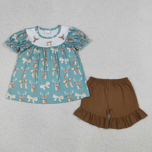 GSSO3212 Kids Baby Girls Bows Deer Ducks Tunic Ruffle Shorts Hunting Clothes Sets