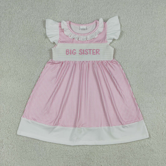 GSD3153 Kids Smocked Big Sister Baby Girls Flutter Sleeve Pink Stripe Knee Length Dresses