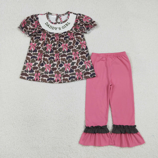 RTS NO MOQ（In Stock) GSPO2025 Embroidered Daddy's Girl Bow Pattern Camouflage Short-Sleeved Top and Trousers Set