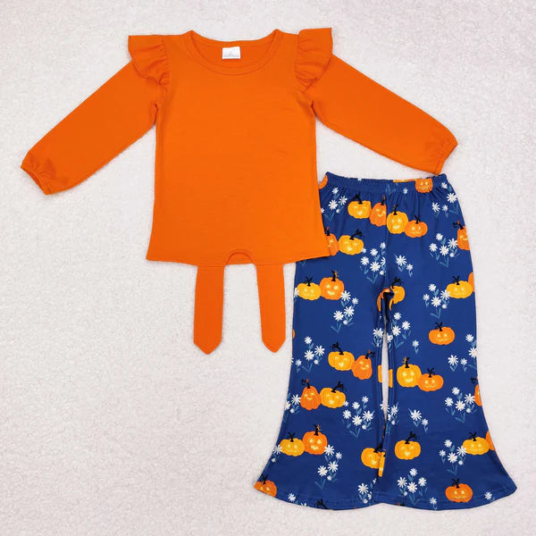 GLP1719 Baby Girls Halloween Orange Top Pumpkins Flowers Bell Pants Outfits Set