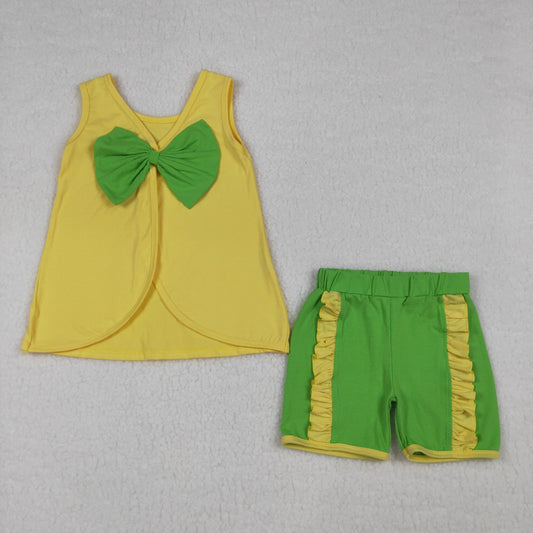 GSSO3464 Kids Baby Girls Sleeveless Back Bows Tunic Green Ruffle Shorts Clothes Sets